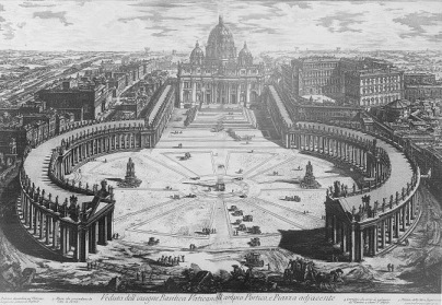 La colonnade de la Place saint Pierre de Rome (1660) du Bernin, sur un plan elliptique, dessin de Piranèse (1748)